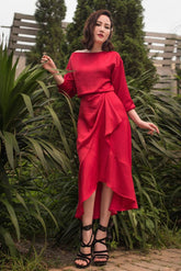 Asymmetrical Draped Midi Dress in Silk with Boat Neckline and Waist Tie Detail